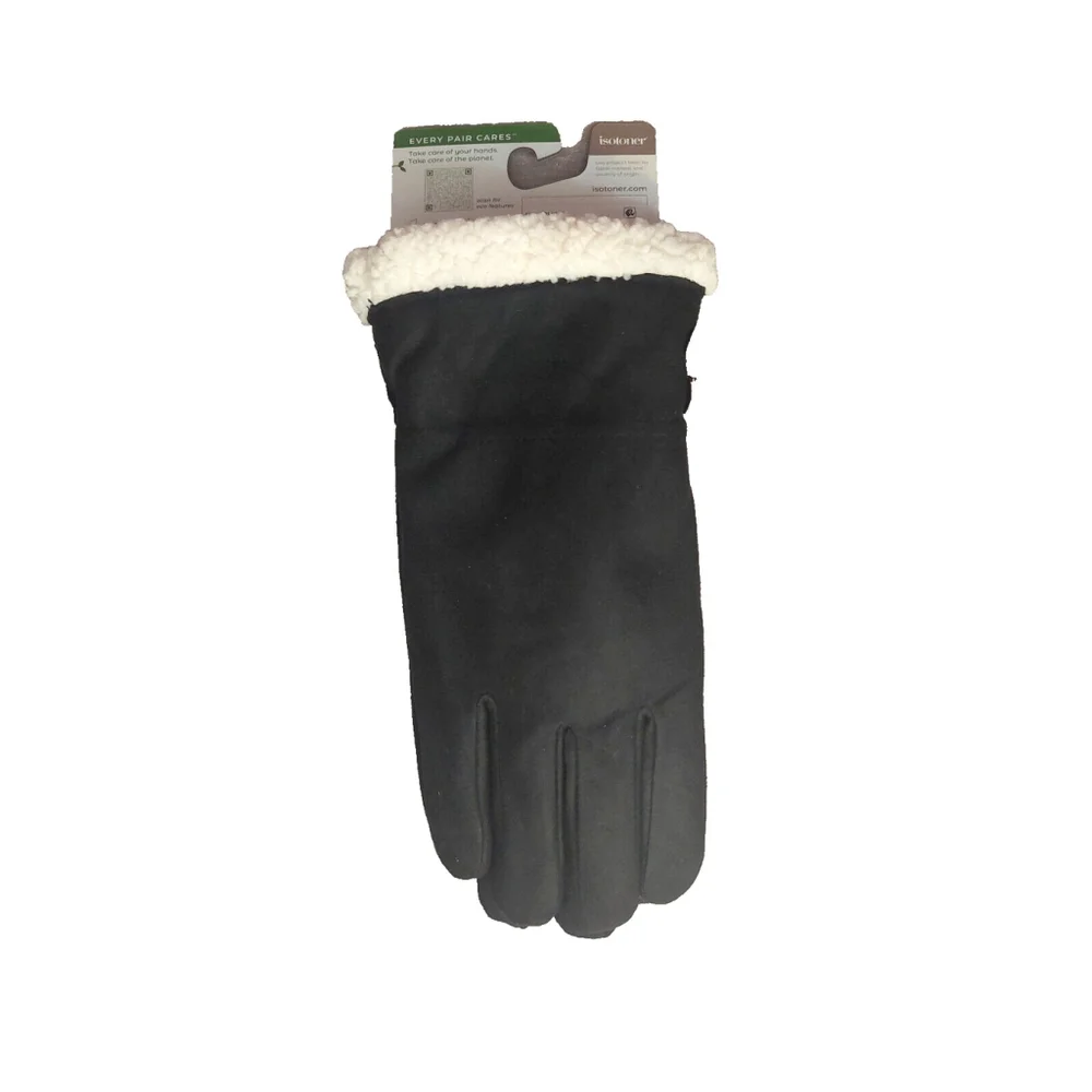 Isotoner Signature Microsuede Water-Repellent Black Gloves Fuzzy Cuffs XL NWT